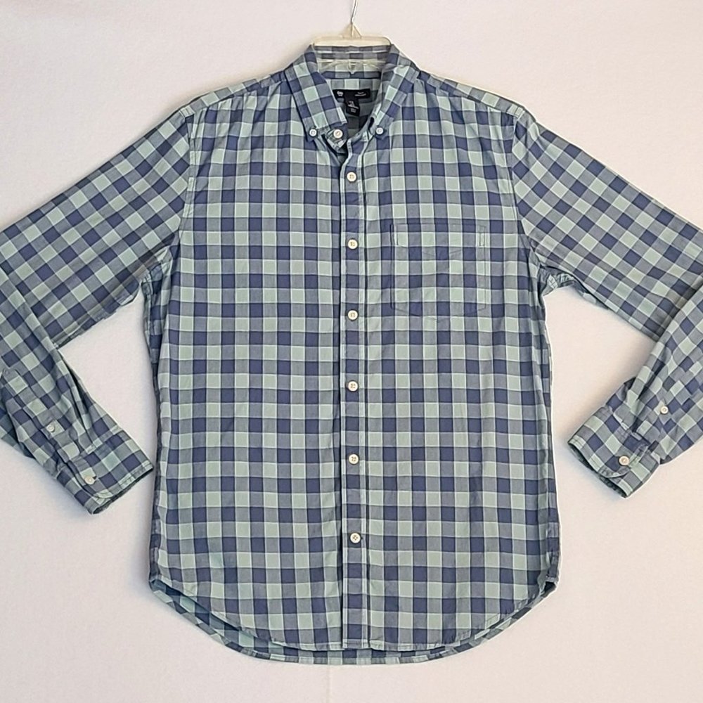 Gap Slim Fit Button Down Shirt Mens Size Small Green Blue Plaid Checker Classic